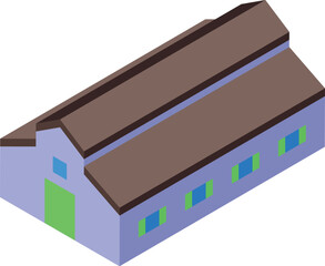 This isometric icon shows a large modern barn building, perfect for housing livestock or storing hay