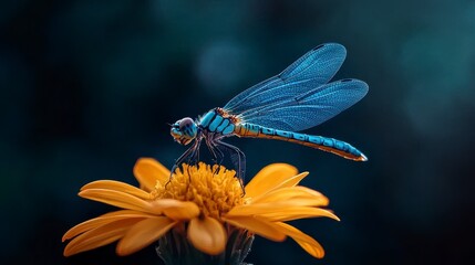 Naklejka premium A vibrant blue dragonfly perches delicately on a bright yellow flower, its wings outstretched against a soft, out-of-focus background.