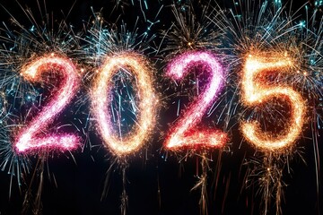 2025 written with Sparkle firework over bokeh light
