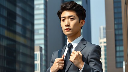 Fototapeta premium 20代、30代のオフィス街にいるアジア人男性（日本人・韓国人イメージ） Asian Man in His 20s or 30s Wearing a Suit in an Office District