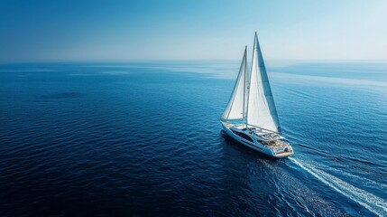A white sailboat with sails billowing, sails across a calm blue ocean under a clear sky.