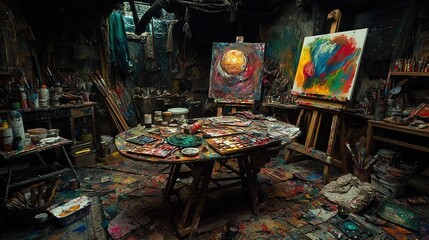   An artist's studio with a spacious table brimming with vibrant paint pots and a grand easel featuring a mesmerizing masterpiece