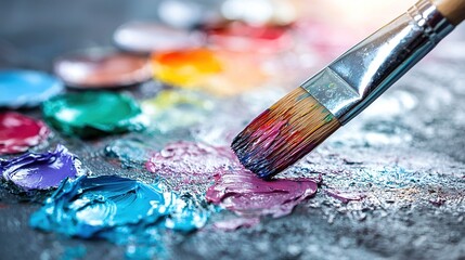 Obraz premium A close-up of a paintbrush with multiple shades of paint surrounding it on a table with water droplets