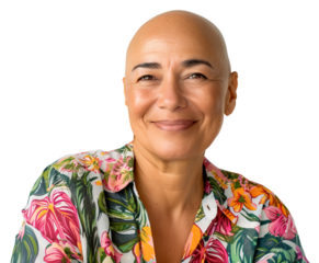 Optimistic Latin American bald mature woman with hair loss smiling at camera