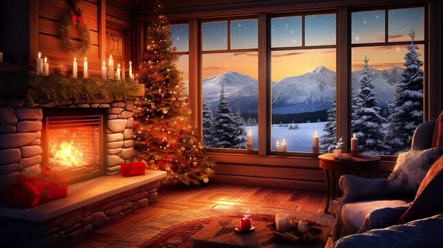 Animated virtual backgrounds, cozy lofi living room with fireplace with winter scenery forest view from window