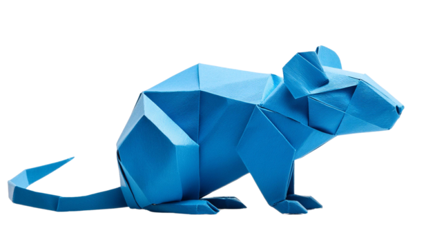 A vibrant blue origami rat, showcasing intricate folds and creativity in paper art design.