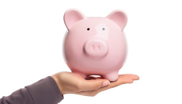 A hand holds a pink piggy bank, symbolizing savings and financial planning. Perfect for concepts related to money management.