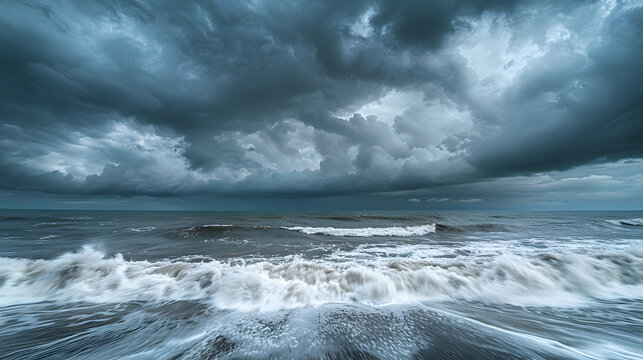 A dramatic storm rolling in over the Atlantic, with dark clouds gathering and powerful waves crashing against the shore.