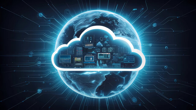 Generative AI image of cloud computing and digital data transfer with computing networked across cities country and globe with virtualization approach