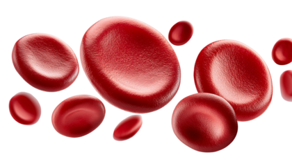 A collection of red blood cells floating against a transparent background, showcasing their unique shape 