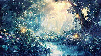 Obraz premium Realistic watercolor of a fairy garden with lush plants, glowing fireflies, and a soft golden hour ambiance ,Ultra-High Detail, Ultra-Realistic