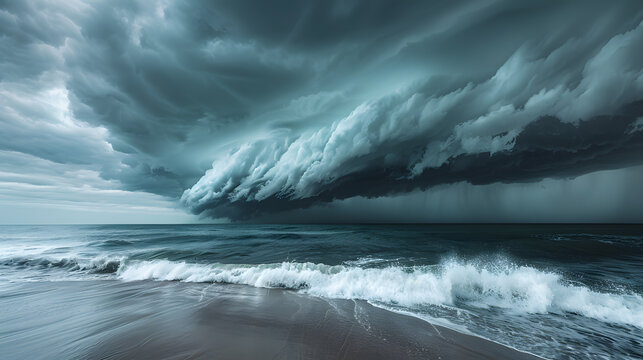 A dramatic storm rolling in over the Atlantic, with dark clouds gathering and powerful waves crashing against the shore.