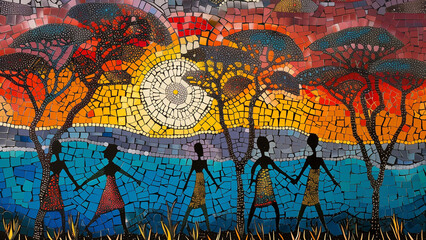 Fototapeta premium Zulu Sunrise - mosaic, art, sunset, trees, figures, Africa, colorful, nature, silhouette, landscape, abstract, sky, sun, people, holding hands, vibrant, traditional