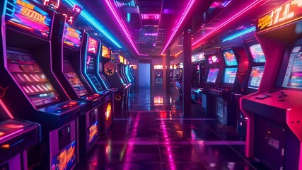 Neon lights illuminate a retro arcade filled with classic video game cabinets.