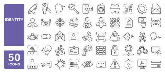 Set of 50 line icons related to identity, fingerprint, identification, authentication, passport, face recognition, DNA, Voice Recognition, Editable stroke. Vector illustration