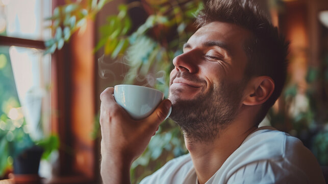 Photo of mature man smelling coffee, enjoying break at home or office.