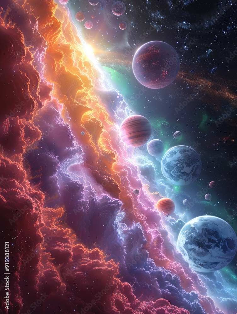 Poster A vibrant cosmic landscape featuring planets of different sizes and colors, nestled amidst swirling nebulas, symbolizing the vastness of space, the beauty of celestial bodies