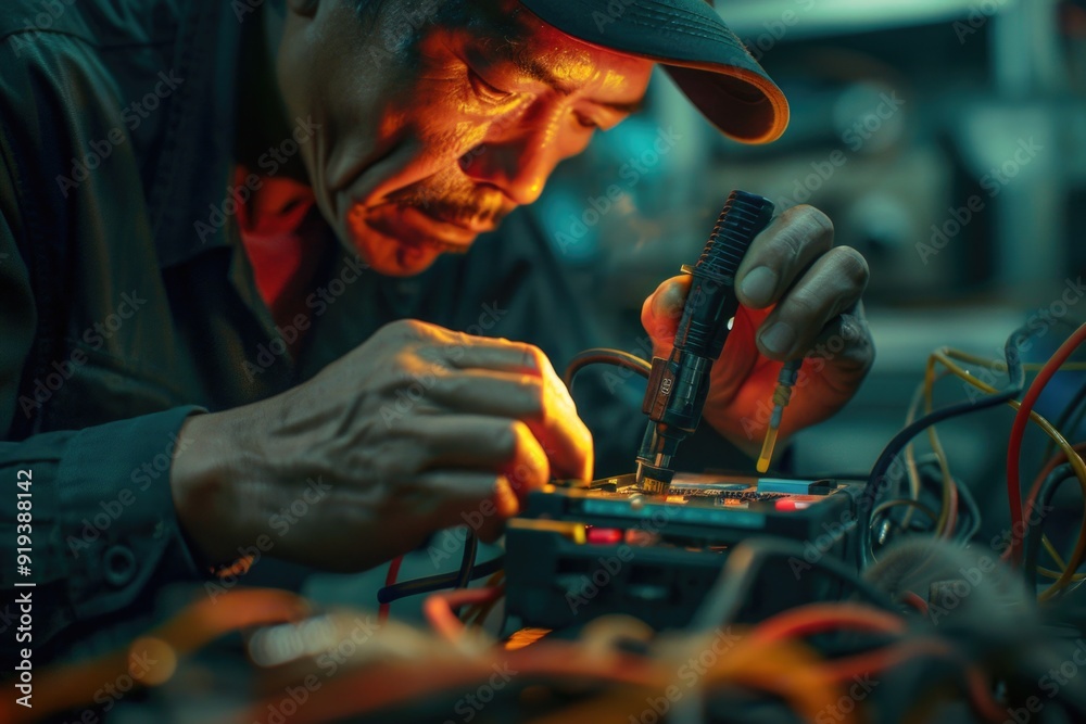 Poster Man in a factory assembling electronic components with precision and care