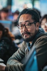 Obraz premium Asian man working at computer