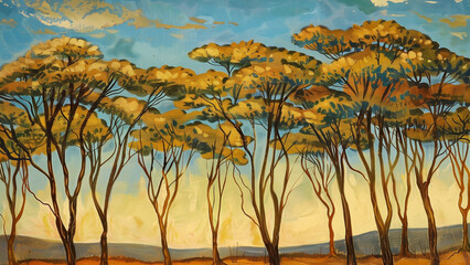Acacia Trees - trees, sky, colorful, landscape, painting, blue, yellow, orange, nature, art, scenic, clouds, horizon, serene, silhouette, forest, branches