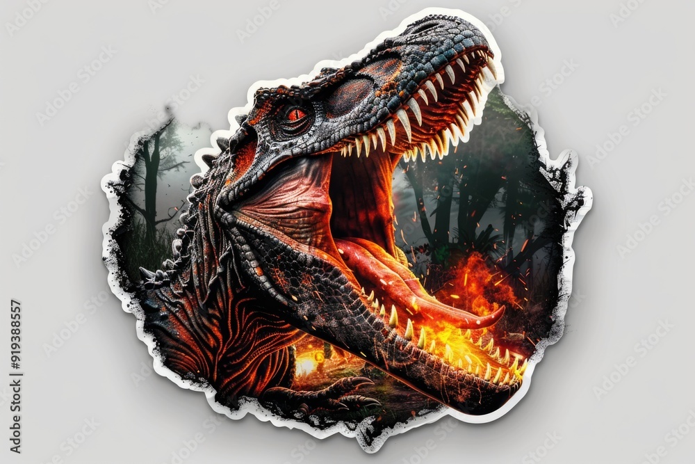 Poster A sticker of a T-Rex with its mouth open, suitable for educational or humorous use