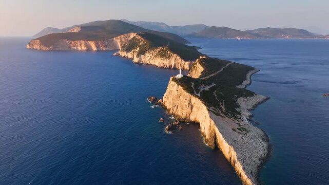 Panoramic aerial sunset view of the Cape Lefkatas on Lefkada island, Ionian Sea, Greece