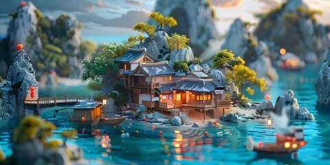 Fototapeta premium A cute 3D character, an Asian person, is fishing on a boat during an outdoor recreational activity. The scene captures a relaxed and playful moment, combining nature and leisure in a charming way.