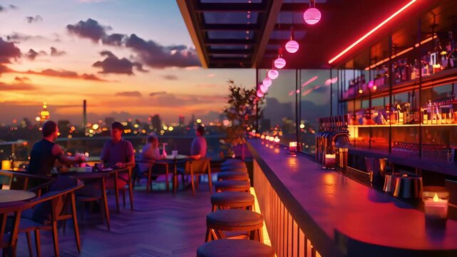 A vibrant rooftop bar with city skyline views, illuminated by colorful lights and a dramatic sunset. People enjoy drinks and the atmosphere.