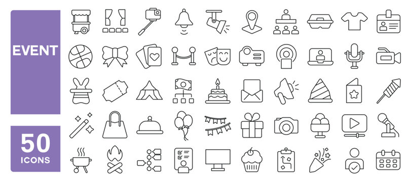 Set of 50 line icons related to event, event planning, catering, party, celebration, ticket, invitation, fireworks, Editable stroke. Vector illustration