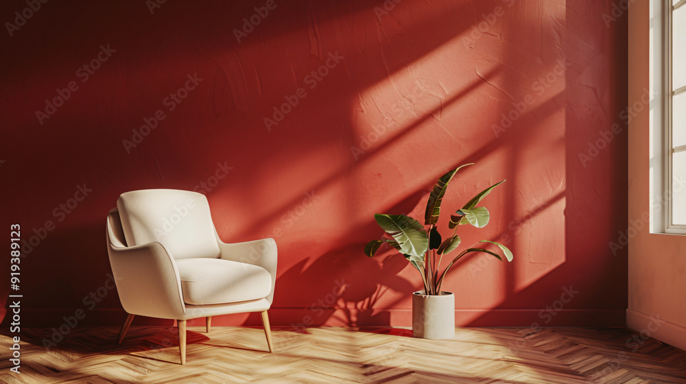 Poster sunlight creating shadows in a modern minimalist living room with a red accent wall