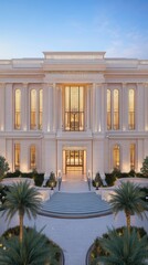 Obraz premium An opulent hotel entrance with grand architecture, adorned in black metalwork and gold accents, welcomes guests amid vibrant landscaping