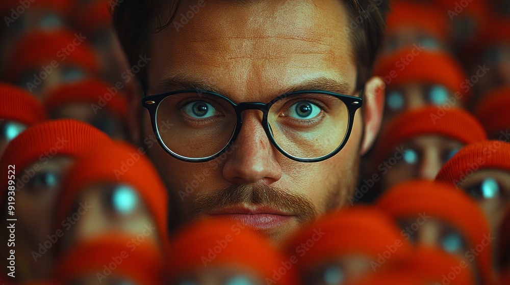 Poster a man with glasses is in the middle of a crowd of people wearing red hats