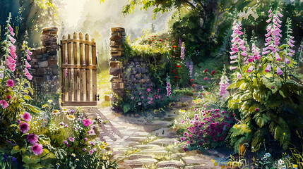 Realistic watercolor of a lush English garden, blooming foxgloves, stone pathway, wooden gate, warm afternoon light