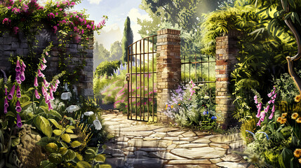 Realistic watercolor of a lush English garden, blooming foxgloves, stone pathway, wooden gate, warm afternoon light