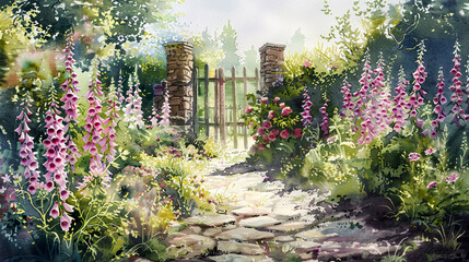 Realistic watercolor of a lush English garden, blooming foxgloves, stone pathway, wooden gate, warm afternoon light