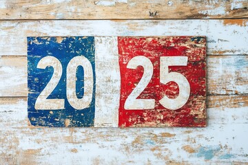 New year concept - inscription 2025 make of candles on brown wooden background
