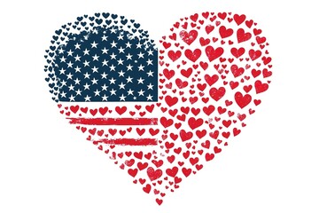 Seamless pattern of American flags in the shape of hearts on white. Independence day and Memorial day concept. Vector flat illustration.