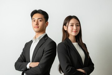 Photo of two young Asian business people on white background with generative ai