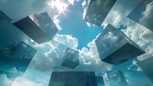 Abstract geometric shapes float against a bright blue sky with fluffy white clouds.