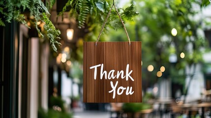 A wooden Thank You sign hangs in a cozy outdoor cafe with raindrops on the window, surrounded by lush plants and soft glowing lights