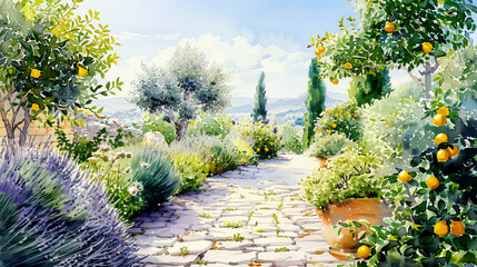 Realistic watercolor of a Mediterranean garden, stone pathways, lavender bushes, lemon trees, bright midday sun