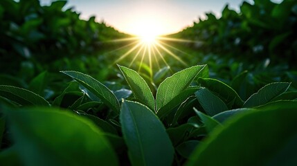 Obraz premium Sun shines brightly on a tea plant amidst tea bushes in field