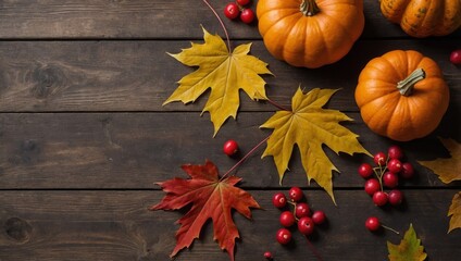 Top view of Autumn maple leaves with Pumpkin and red berries on old wooden background. Thanksgiving day concept