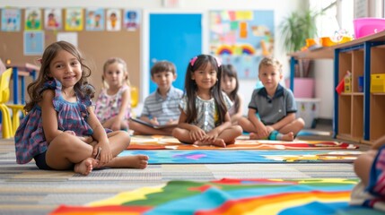 Fototapeta premium Kindergartners sitting happily on carpet in classroom