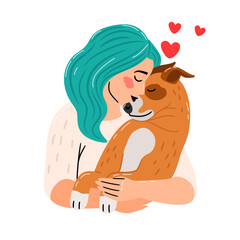 Happy woman hugs dog. Illustration about the love of pet owners