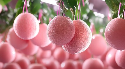   A tree laden with juicy fruits and vibrant pink balls dangling from its branches, adorned with glistening water droplets