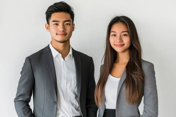Photo of two young Asian business people on white background with generative ai