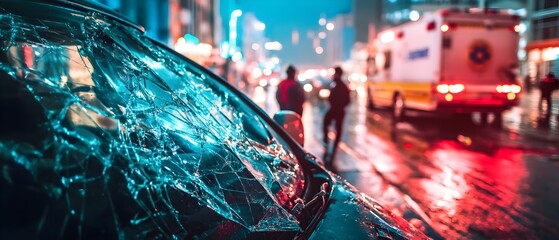 Emergency responders providing medical treatment to an injured person at the scene of a nighttime car accident on a contemporary city street with a damaged and crumpled vehicle shattered windshield