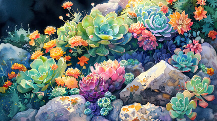Realistic watercolor of a rock garden, colorful blooms, succulents, bright morning light ,Ultra-High Detail, Ultra-Realistic