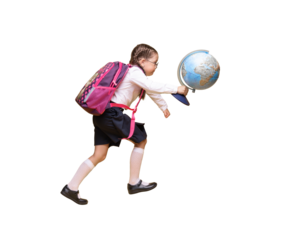 a little girl in school uniform holds a globe in her hands on a yellow background.